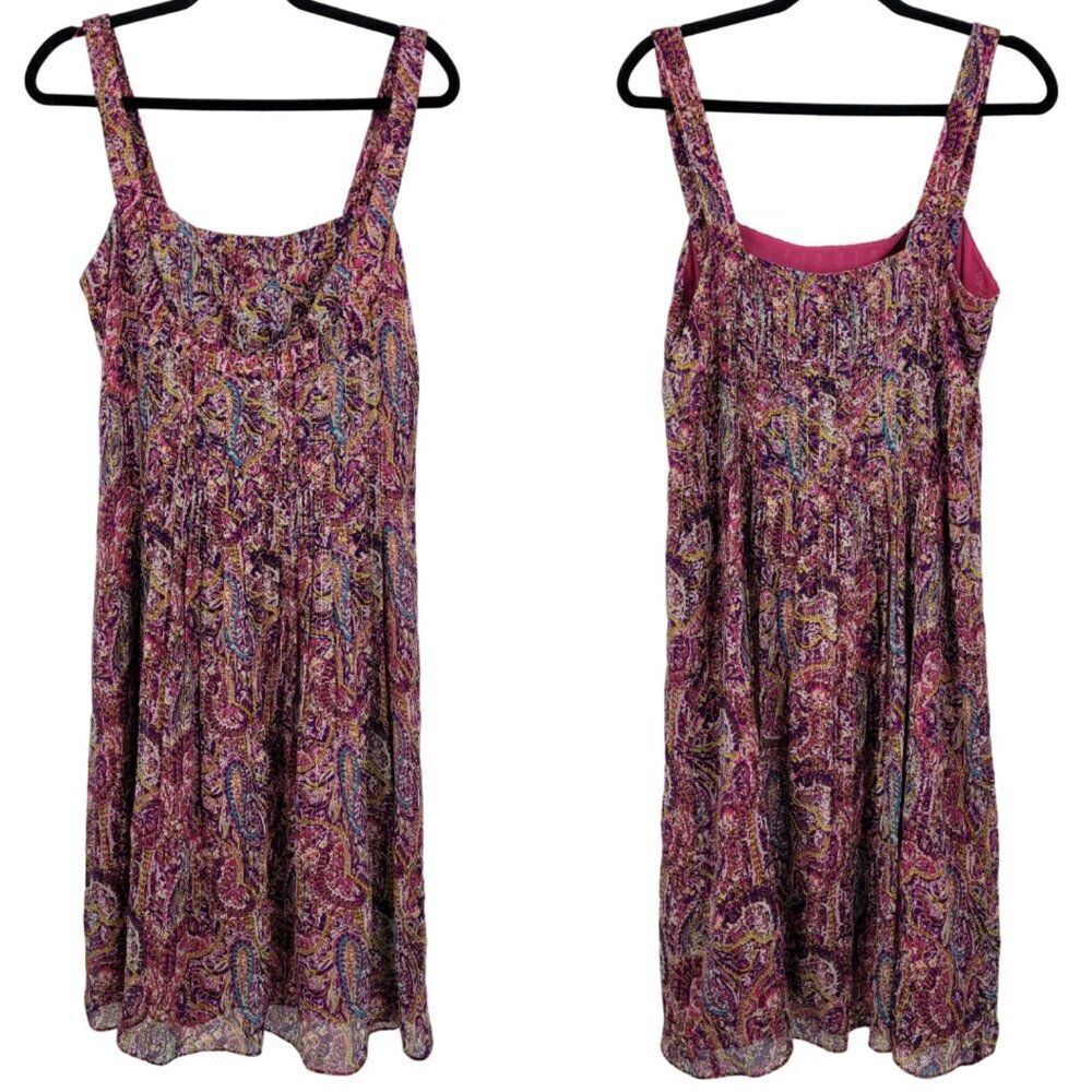 Vintage Lauren Silk Midi Dress 12 Pink Purple‎ Paisley Sheer Square Neck Pleated